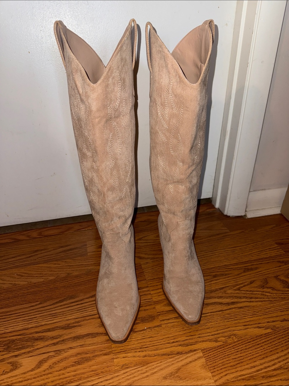 Women's Tall Suede Pointed-Toe Boots in Beige